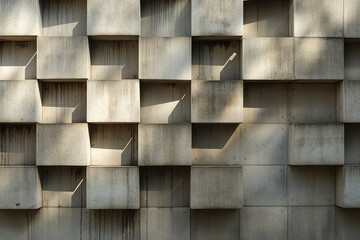 Brutalist concrete wall with geometric shadows and texture