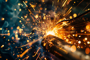 Bright welding sparks flying from metal in industrial workshop