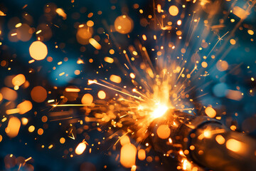 Bright welding sparks flying from metal in industrial workshop