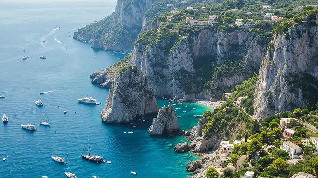 Scenic view of capri island coastline with boats in the blue sea