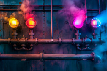 Cyberpunk industrial pipes with glowing lights and colorful steam