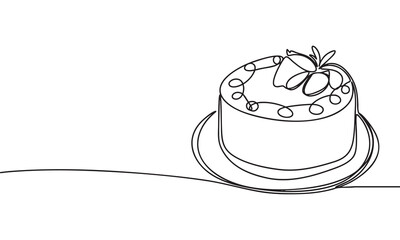 Single line drawing of a delicious cake with strawberry topping on a plate