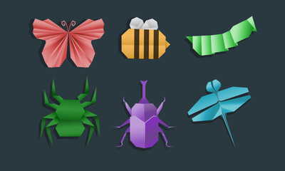 Origami Insects Illustration Set Colorful Paper Butterfly, Bee, Caterpillar, Spider, Beetle, Dragonfly
