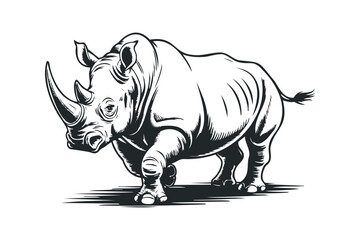 Fototapeta premium Powerful Rhinoceros Walking Across White Background. Vector hand drawn illustration