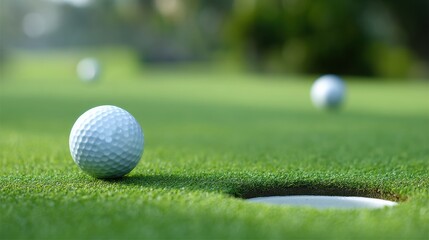 A close-up of a golf ball near the edge of a hole on a green course, with blurred golf balls in the background
