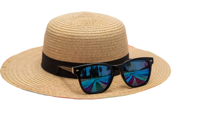 Straw hat with black ribbon and sunglasses reflecting palm trees and pool isolated on a transparent background