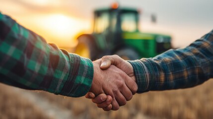 Two people in plaid shirts shake hands in a field at sunset, with a green tractor blurred in the background