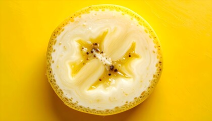 Vibrant banana slice reveals its star-shaped center against a bright yellow background a healthy lifestyle choice