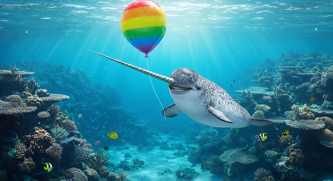 Narwhal underwater with rainbow balloon