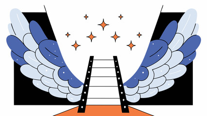 Heavenly stairway with glowing stars and two large wings made of sparkling light particles