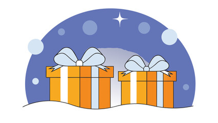 Golden gift boxes with silver ribbons sit on snowy ground under starry night sky