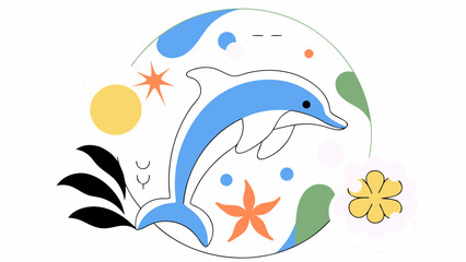 Watercolor dolphin clipart with floral elements and abstract shapes on transparency background