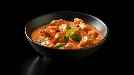 Isolated Butter Chicken on black background, rich creamy sauce and vibrant colors in focus