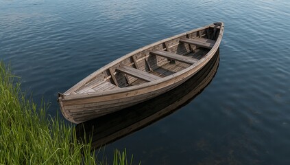 An old wooden rowboat floats peacefully on calm water with green grass