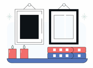 White frame background minimalist style two vertical frames on wall with candles and books