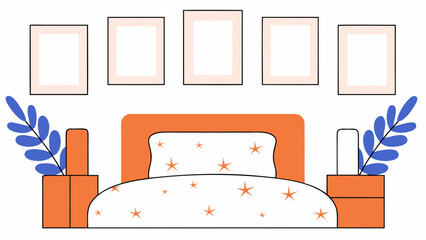 White poster frames on wall in bedroom interior with orange bed and star pattern bedding
