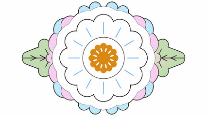 White flower shaped brooch with gold center, pastel petals, green leaves, and symmetrical design