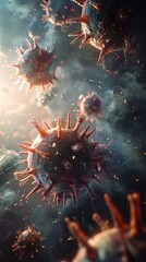 Numerous viruses in a smoky, dark atmosphere, suggestive of a viral infection or pandemic.
