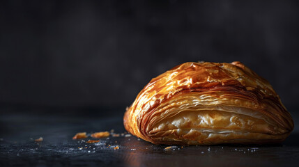 Isolated Fiteer on black background, highlighting its flaky layers and rich filling