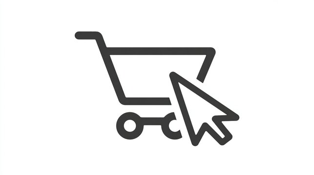 A simple line drawing of a shopping cart with a cursor clicking it, symbolizing online shopping, purchase, or e-commerce