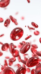 Numerous red blood cells in motion against a white background