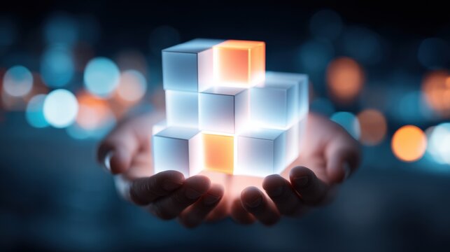 A pair of hands holds a glowing 3D cube structure, symbolizing innovation, technology, and problem-solving in a futuristic setting