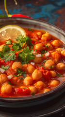 Spicy Chana Masala with tender chickpeas, tomato-based sauce, and traditional spices, garnished with cilantro