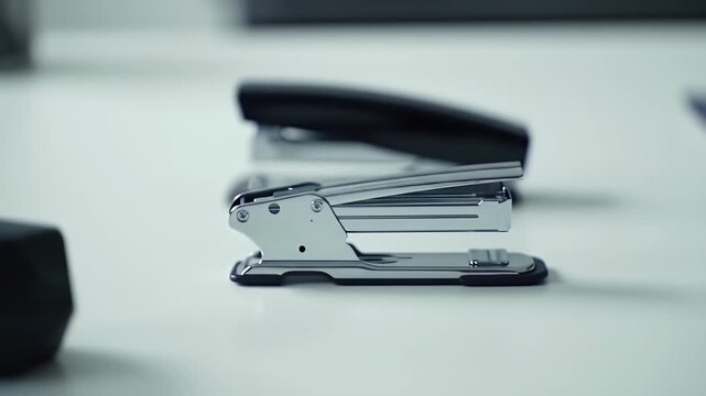 Close Up of Black Geometric Shape and Silver Stapler on White Background