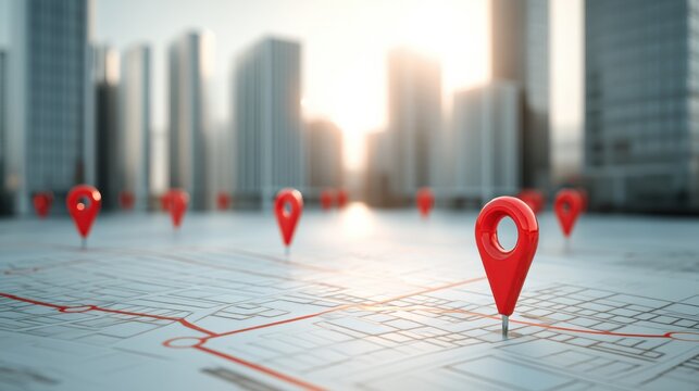 A city map with red location pins, set against a backdrop of tall, modern skyscrapers in soft daylight
