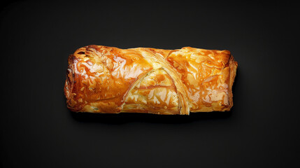 Apfelstrudel centered on a black background, highlighting golden-brown pastry and spiced apple filling