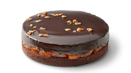 Sachertorte centered on a white background, showcasing glossy chocolate glaze and apricot filling