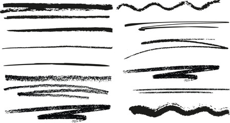 Crayon stroke underline set - hand drawn black grunge line borders, rough edges sketch dividers. Pencil scribble graphic elements for text highlighting, emphasis in design projects.
