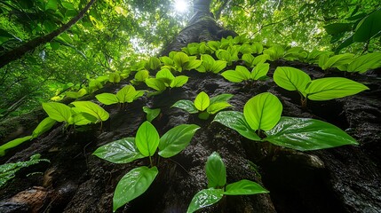 Worm's-Eye View Looking Up at a Very Tall Tree Trunk: Covered in Bright Green Lush Leaves, Sunlight Creates Dappled Effects Through the Canopy Above