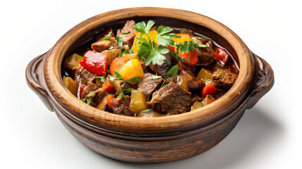 Albanian Tava in rustic clay pot, filled with tender beef or lamb and colorful vegetables