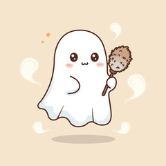 Cute Ghost Cleaning with a Duster Kawaii Cartoon. vector illustration