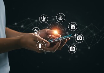 A hand is about to touch a screen displaying a holographic network of safety and security symbols