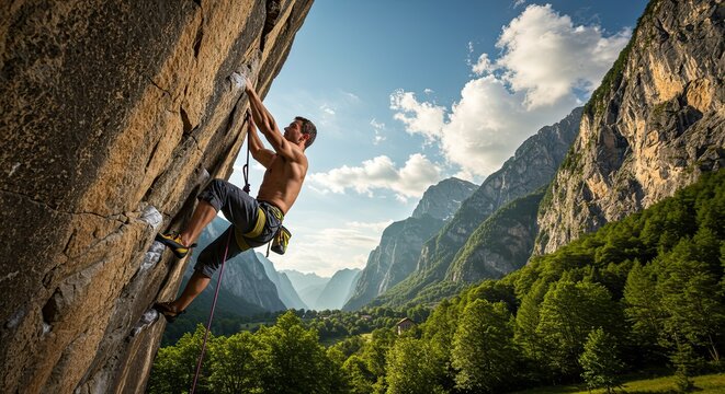man climbing rock wall in outdoor adventure