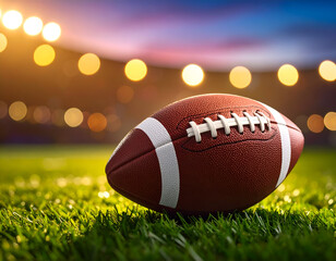 An American football on the green grass of a stadium field, under bright lights. A concept for sports, competition, and championships. Generative AI