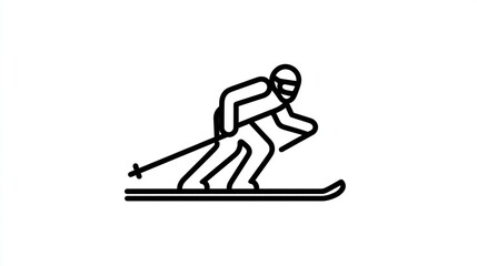 Simple line drawing of a skier in a crouched position, gliding downhill on two skis, holding ski poles