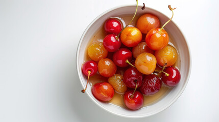 Isolated Aris on white background, sweetened cherries or apricots in syrup with glossy texture