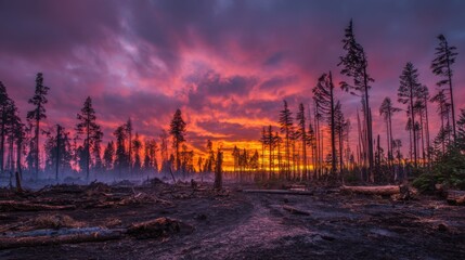 Dramatic sunset illuminates a clear-cut forest area, revealing blackened stumps and silhouettes of burned trees against a colorful sky at dusk.