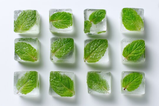 Mint leaves frozen in ice cubes arranged in a neat grid on a white surface for refreshing summer drinks and cocktails