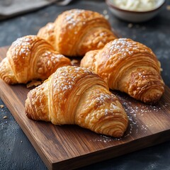 Powdered sugar croissants on a wooden board, a delightful display of freshly baked pastry perfection for breakfast or a bakery showcase