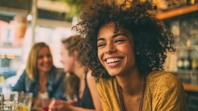 A group of three young women shares a joyful moment in a cafe. One woman, with curly hair, beams as she enjoys the lively atmosphere and conversation with her friends. - Powered by Adobe