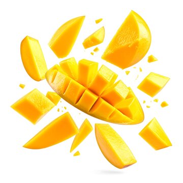 Fresh mango slices exploding, vibrant yellow