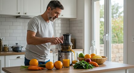 man preparing freshly squeezed juice in kitchen