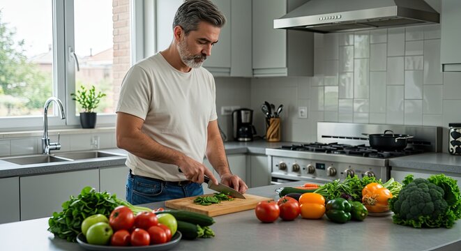 man preparing healthy meal in kitchen