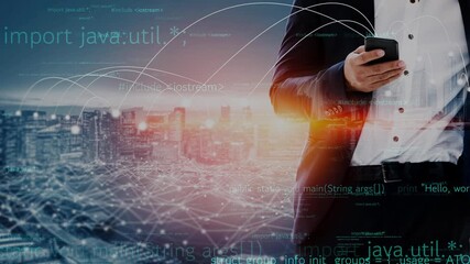 A professional businessman stands against a vibrant urban backdrop, engaging with his smartphone amidst a digital overlay of coding and data, highlighting modern technology. Xenic - Powered by Adobe
