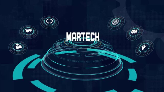Martech tools, futuristic digital marketing technology, business automation and customer data innovation