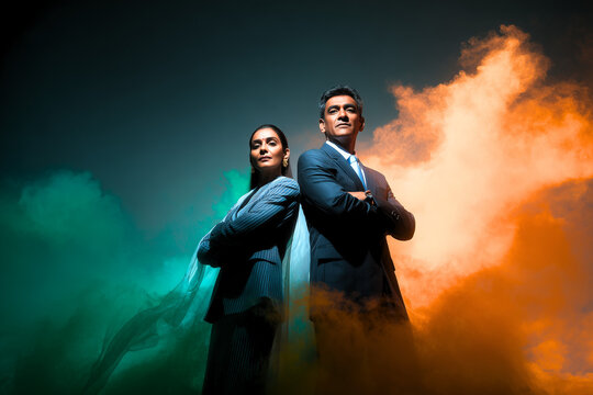 Confident Indian Business Couple in Front of National Flag with Saffron, White, and Green Trails &ndash; Patriotic Republic Day Empowerment Scene